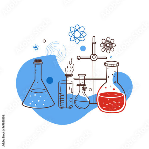 Chemistry lab equipment illustration on a blue background for educational science concepts