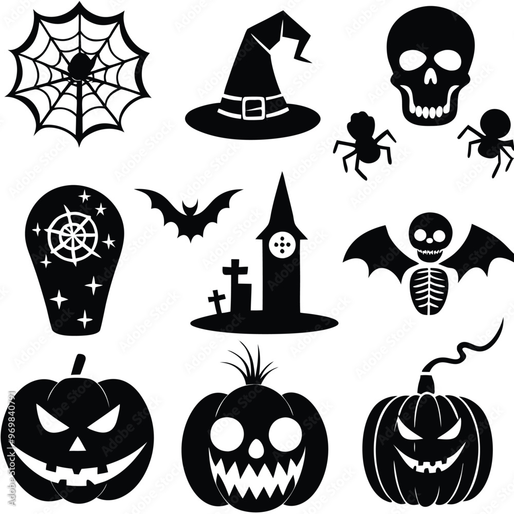 Obraz premium Gothic halloween sticker pack made up of pumpkins, bats, cats, crow, skull, ghosts, graves, spider, web and broom. Different holiday stickers as prints, patterns for graphic or fashion design