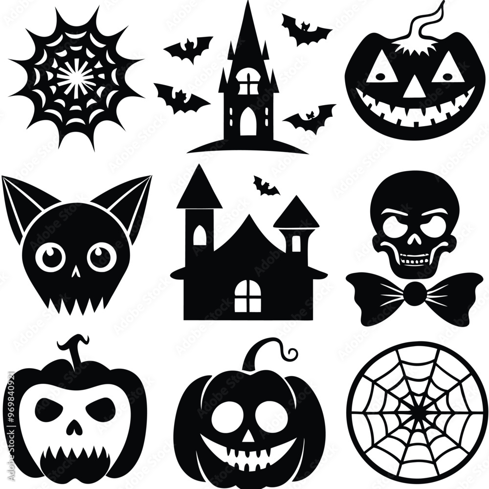 Obraz premium Gothic halloween sticker pack made up of pumpkins, bats, cats, crow, skull, ghosts, graves, spider, web and broom. Different holiday stickers as prints, patterns for graphic or fashion design