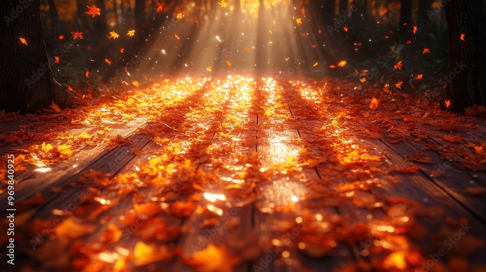 Fototapeta premium Golden Autumn Sunlight Through Falling Leaves on a Wooden Path