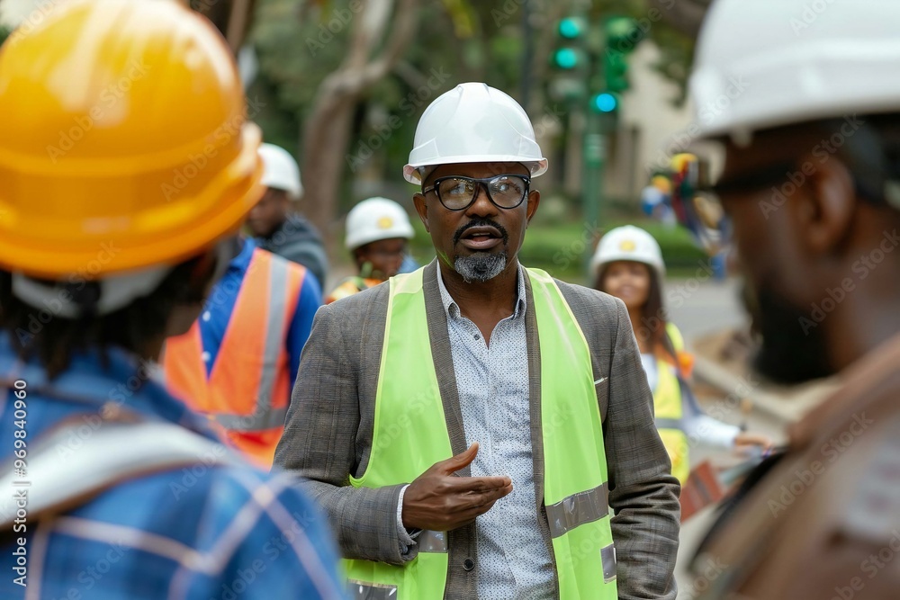 group of diverse engineers in hard hats and safety vests working together on a construction site, showcasing teamwork and innovation. group of diverse engineers in hard hats and safety vests working together on a construction site, showcasing teamwork and innovation.