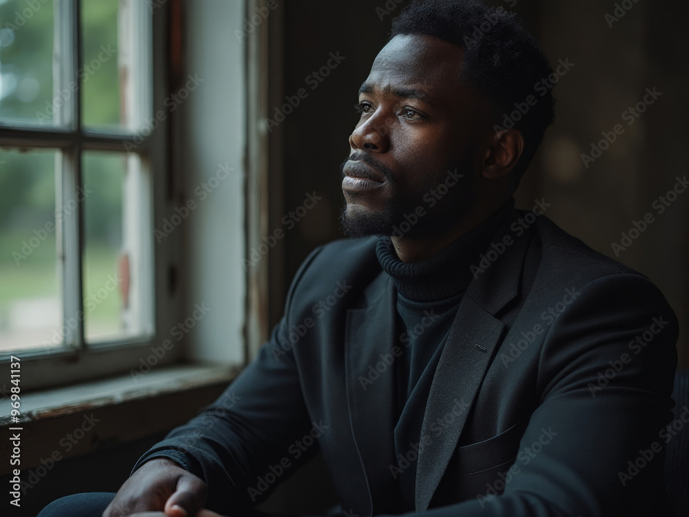 Thoughtful portrait of an African man in a formal black suit, sitting beside a window in soft natural light, with a calm and reflective expression on his face. Thoughtful portrait of an African man in a formal black suit, sitting beside a window in soft natural light, with a calm and reflective expression on his face.