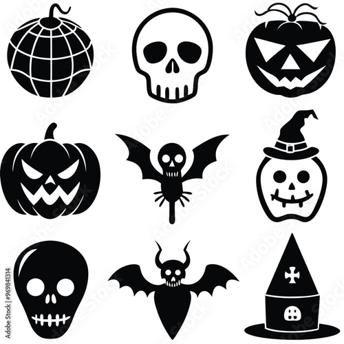 Gothic halloween sticker pack made up of pumpkins, bats, cats, crow, skull, ghosts, graves, spider, web and broom. Different holiday stickers as prints, patterns for graphic or fashion design