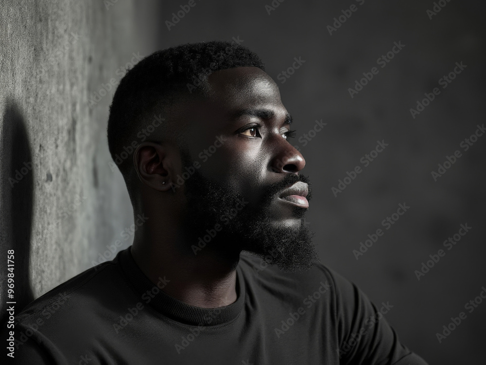 Side profile portrait of an African man leaning against a wall, deep in thought, with soft shadows and dramatic lighting enhancing the indoor setting. Side profile portrait of an African man leaning against a wall, deep in thought, with soft shadows and dramatic lighting enhancing the indoor setting.