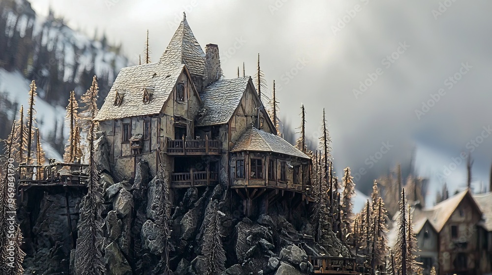 Obraz premium Old Wooden Cabin on Rocky Cliff Surrounded by Snowy Winter Forest, Generative AI
