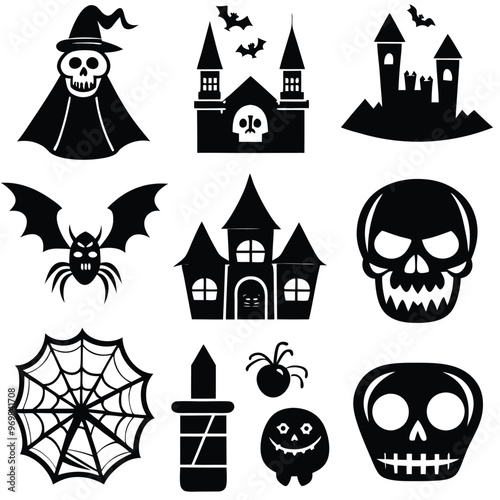 Gothic halloween sticker pack made up of pumpkins, bats, cats, crow, skull, ghosts, graves, spider, web and broom. Different holiday stickers as prints, patterns for graphic or fashion design
