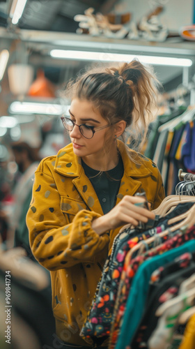 Young woman browsing colorful clothing racks in a vintage thrift store during daylight hours photo