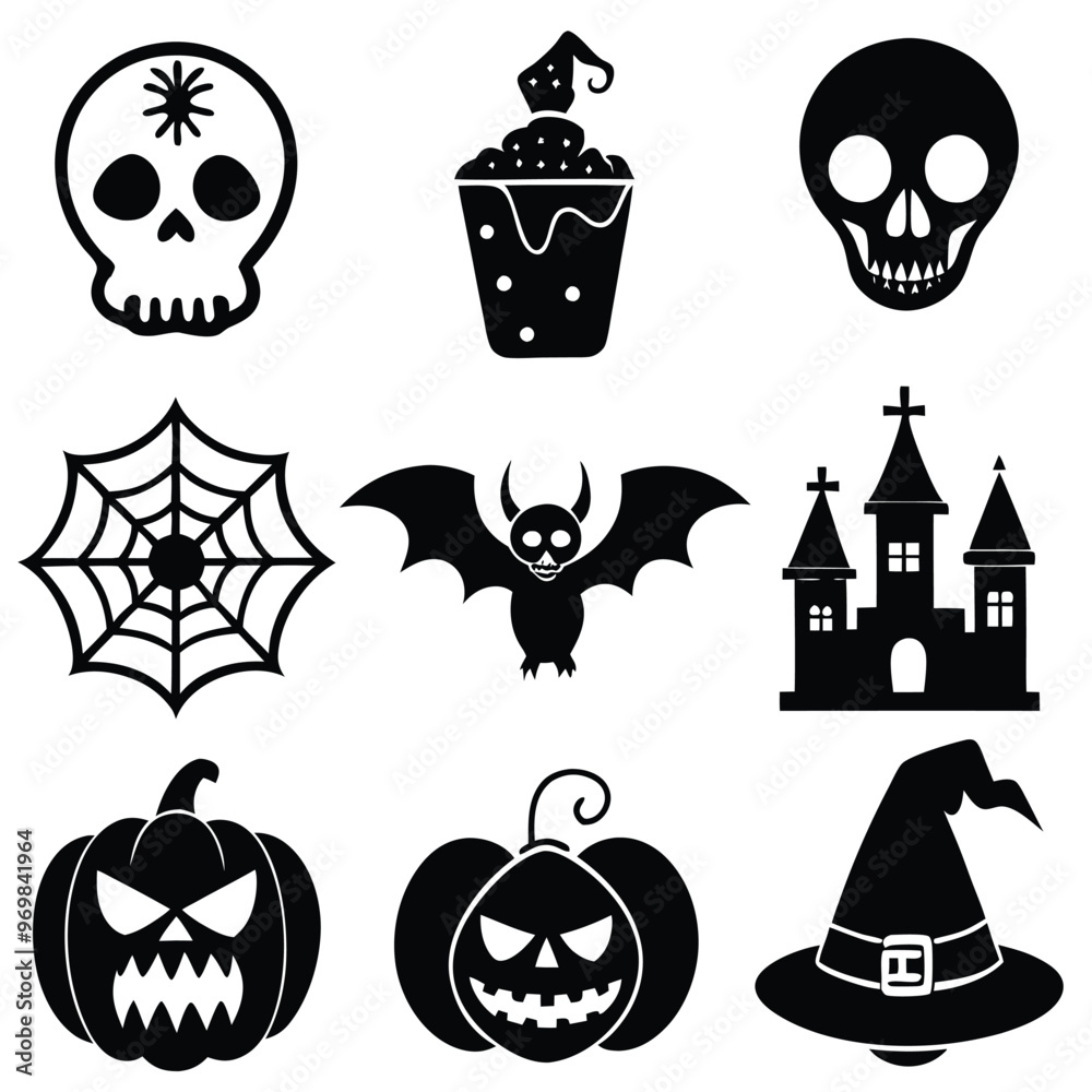 Obraz premium Gothic halloween sticker pack made up of pumpkins, bats, cats, crow, skull, ghosts, graves, spider, web and broom. Different holiday stickers as prints, patterns for graphic or fashion design