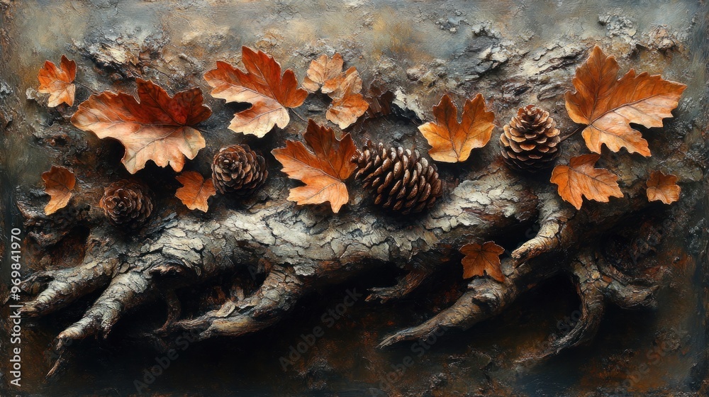 Autumnal Arrangement with Tree Roots, Leaves, and Pine Cones Autumnal Arrangement with Tree Roots, Leaves, and Pine Cones