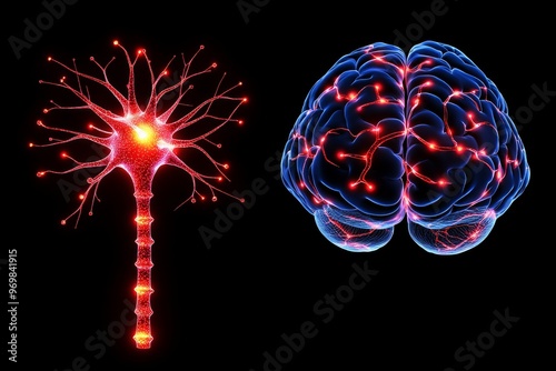 Quantum computing basal ganglia cognitive science neurodynamics and brain machine interface artistic glowing neuron visual with detailed synaptic connections in red photo