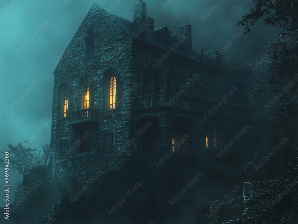 Stone Mansion in a Foggy Night Stone Mansion in a Foggy Night