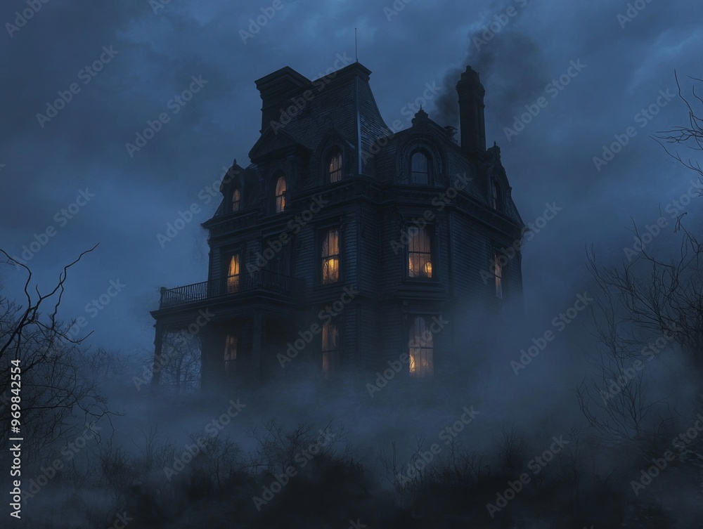 A Mysterious Victorian Mansion Silhouetted Against a Foggy Night Sky A Mysterious Victorian Mansion Silhouetted Against a Foggy Night Sky