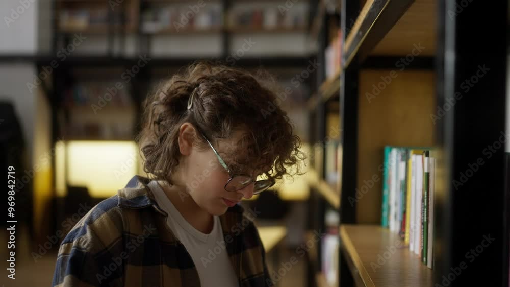 Confident girl with curly hair wearing glasses reads a book near a shelf in a university library Confident girl with curly hair wearing glasses reads a book near a shelf in a university library