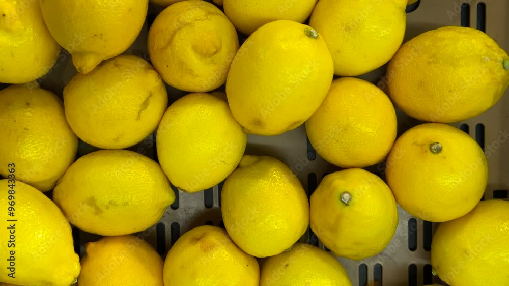 Yellow lemons arranged in crate at the greengrocer, tracking shot in top view Yellow lemons arranged in crate at the greengrocer, tracking shot in top view