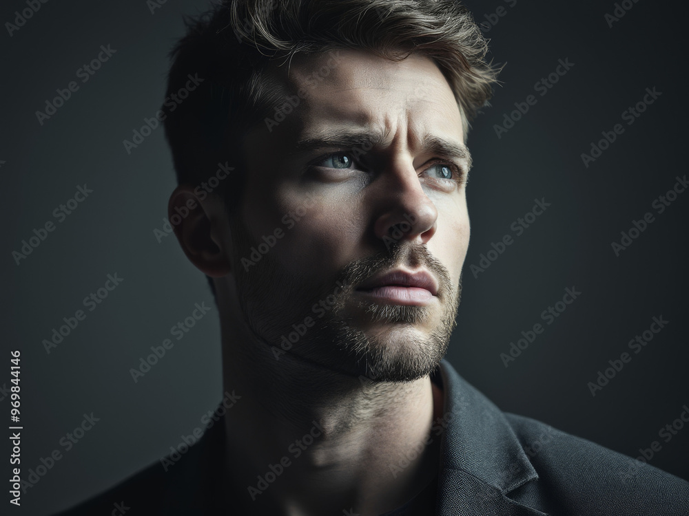 Close-up portrait of a young Caucasian man gazing to the side with a serious expression, lit with dramatic lighting that enhances the mood and indoor setting. Close-up portrait of a young Caucasian man gazing to the side with a serious expression, lit with dramatic lighting that enhances the mood and indoor setting.