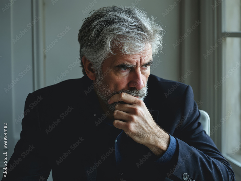 Portrait of an elderly man with gray hair and beard, resting his hand on his chin in deep thought, seated indoors with soft natural lighting. Portrait of an elderly man with gray hair and beard, resting his hand on his chin in deep thought, seated indoors with soft natural lighting.