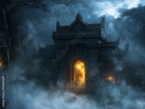 Ancient Stone Gate in a Mystical Mountain Setting photo