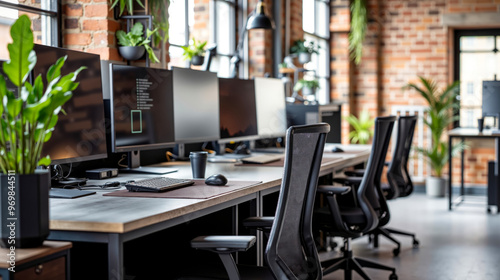 A row of computer monitors sitting on top of a wooden desk