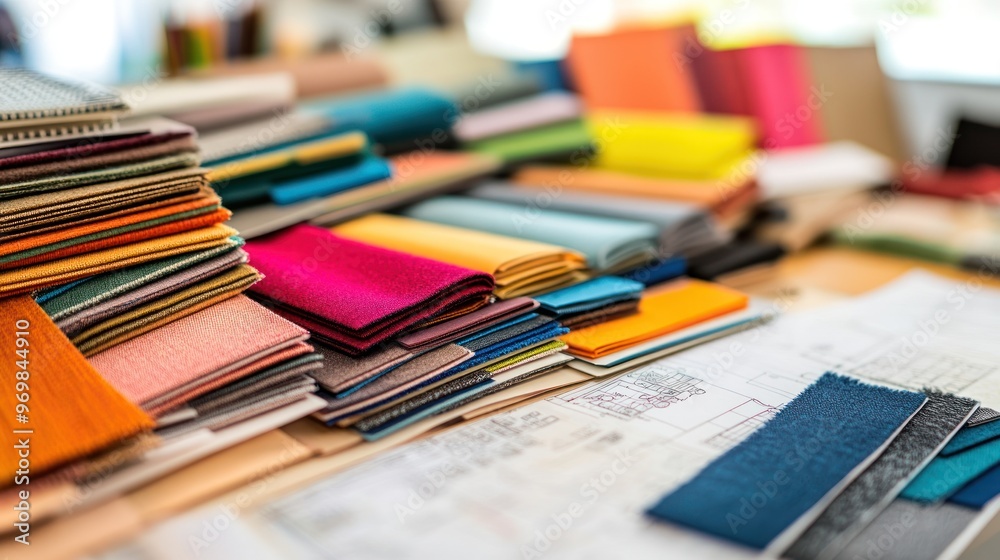 Colorful Fabric Swatches Stacked on Table Colorful Fabric Swatches Stacked on Table