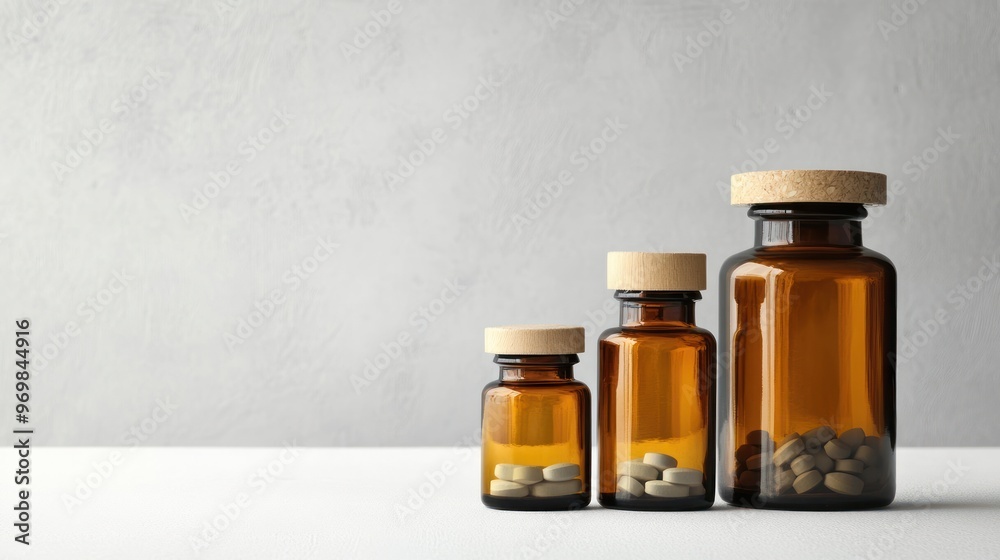 Three Glass Bottles Filled with Pills Three Glass Bottles Filled with Pills