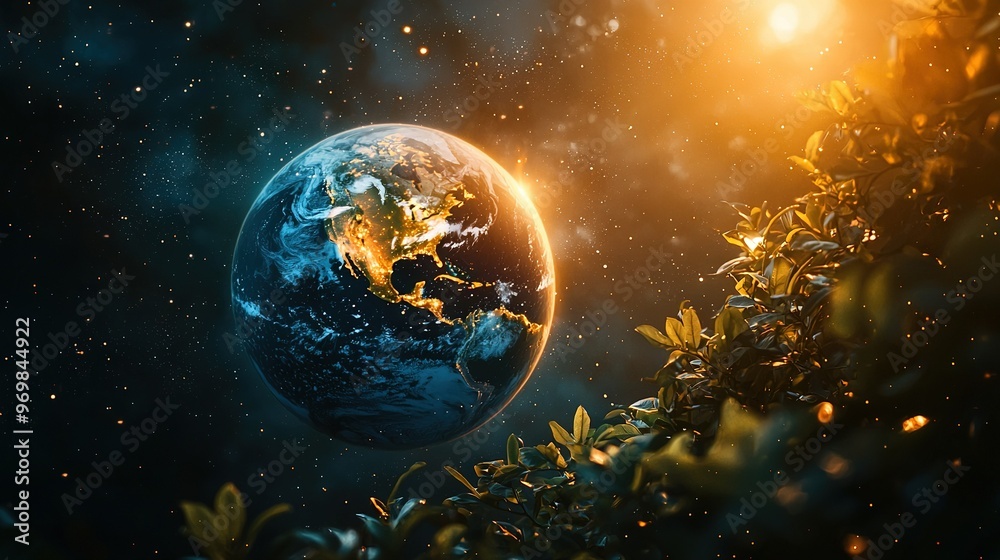 Fototapeta premium A view of Earth from space, with the sun shining behind it and a tree in the foreground