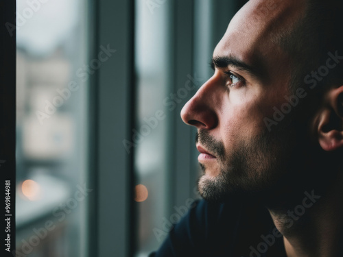 Close-up side profile of a young man gazing out of a window in deep thought, with soft lighting highlighting his serious expression and indoor setting.