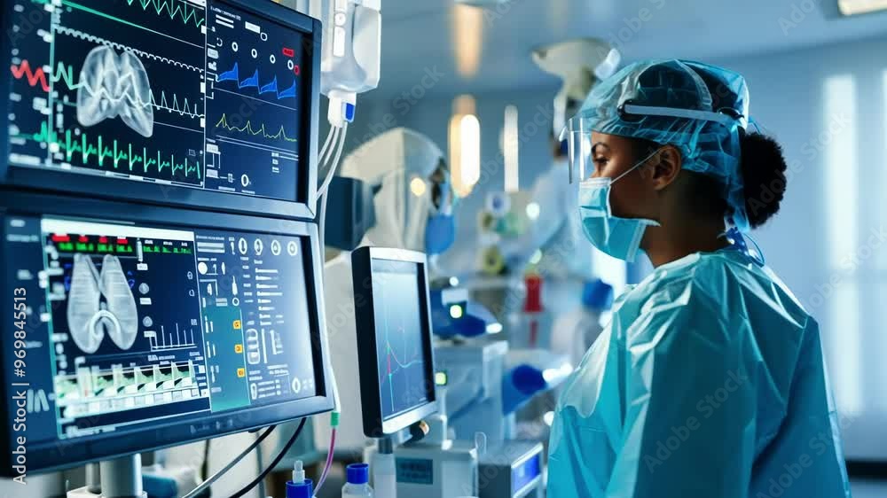 A healthcare professional monitors a patient’s lung condition using advanced medical equipment in a hospital setting A healthcare professional monitors a patient’s lung condition using advanced medical equipment in a hospital setting