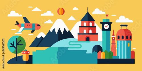 Vibrant travel scene with airplane, landmarks, mountains, and sunset