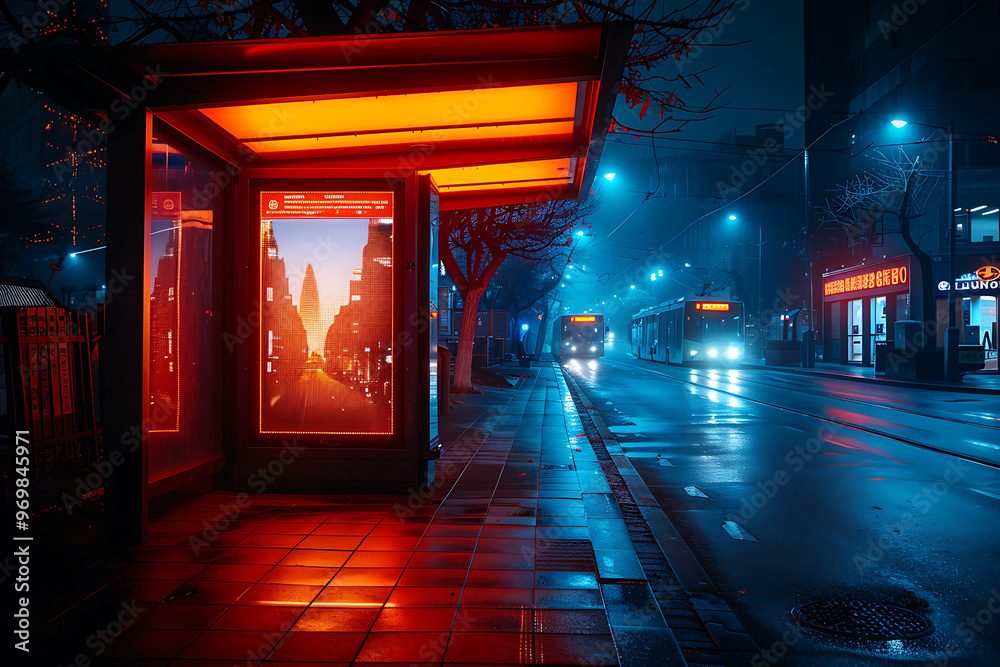 Naklejka premium Billboard night mockup, Outdoor advertising poster at night time with street light line for advertisement street city night