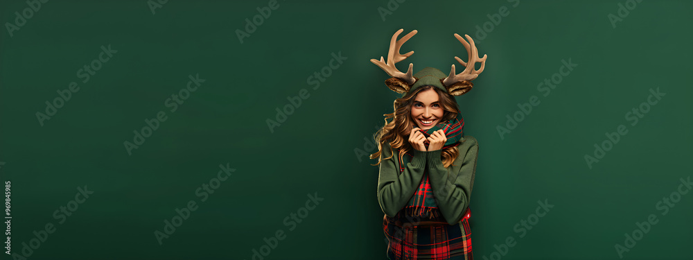Woman with reindeer antlers on dark green background. Winter Solstice, Pagan Christmas and New Year celebration. Winter holiday. Banner, greeting card with copy space Woman with reindeer antlers on dark green background. Winter Solstice, Pagan Christmas and New Year celebration. Winter holiday. Banner, greeting card with copy space