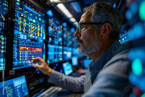 photo of a tech expert working in a modern workspace, surrounded by servers and computer screens, showcasing the latest data center technology and digital innovation.