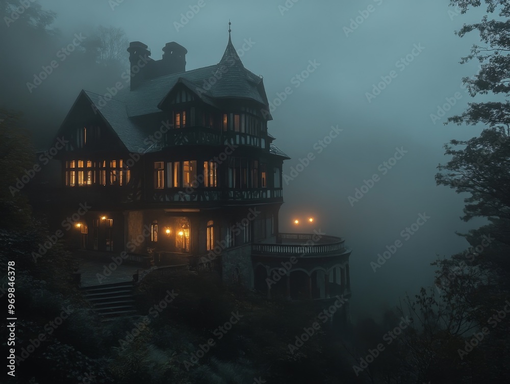 Obraz premium A Mysterious Victorian Mansion Bathed in Fog and Warm Light