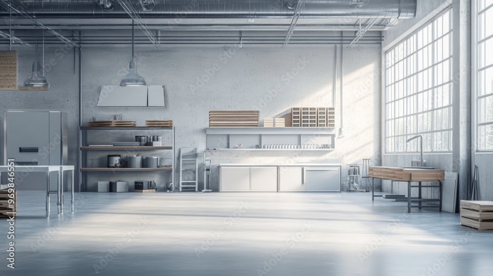Obraz premium A large, empty room with a lot of shelving and a refrigerator