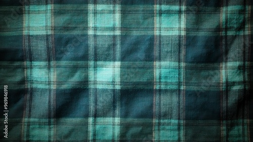Dark green and turquoise plaid fabric displayed on a flat surface