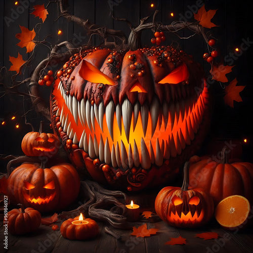 Halloween pumpkins with burning candles and autumn leaves on dark background photo