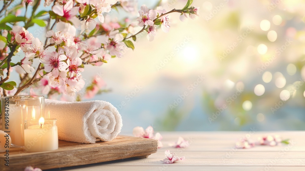 Experience the tranquility of a serene spa scene featuring flowers, candles, and a massage table, complemented by a clean copy space above for your messages about well-being and relaxation. Experience the tranquility of a serene spa scene featuring flowers, candles, and a massage table, complemented by a clean copy space above for your messages about well-being and relaxation.