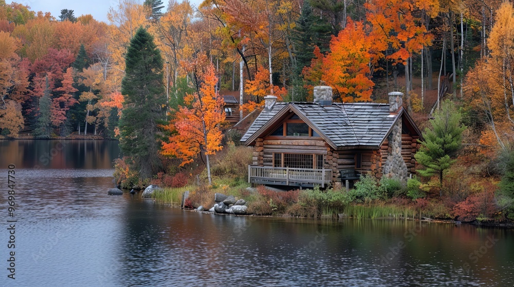 Cozy cabin by a lake surrounded by autumn trees