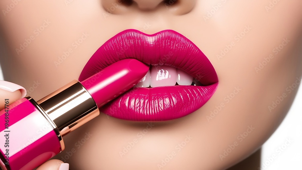 Obraz premium woman applying lipstick to her lips