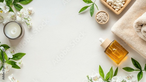 A serene top-down view of spa essentials, featuring soft towels, delicate flowers, and soothing scented oils, all arranged on a neutral background, perfect for relaxation and wellness themes.