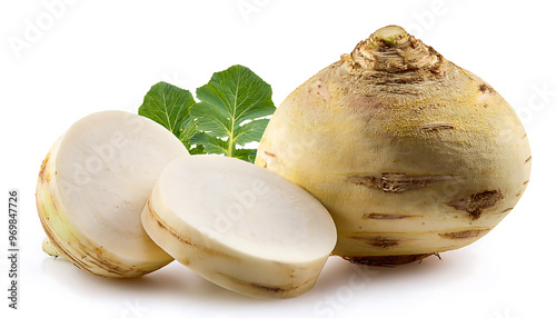 Sliced and whole rutabagas isolated on a white background, ideal for culinary, vegetable, and food themes