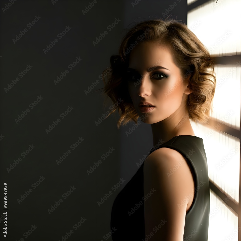 Glamour female model with short brown hair in black dress posing near light wall Glamour female model with short brown hair in black dress posing near light wall