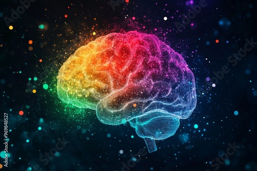 Cranial nerve occipital lobe electrocorticography neuroprosthetics and neuroprosthetics glowing rainbow brain surrounded by particles in a vibrant digital space photo