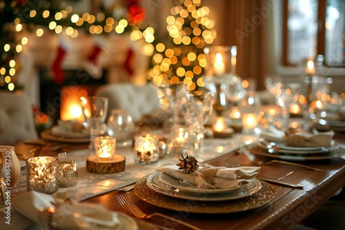 festive Christmas table setting with cozy decor and soft lighting.