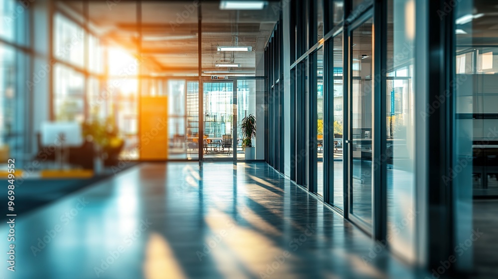 Sunlit Corridor with Glass Walls in a Modern Office Building