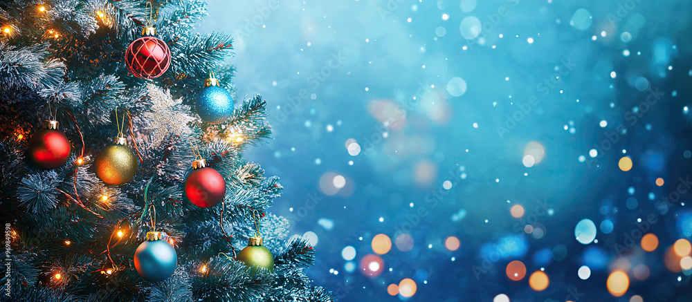 Christmas tree with decorations with empty space and bokeh background.