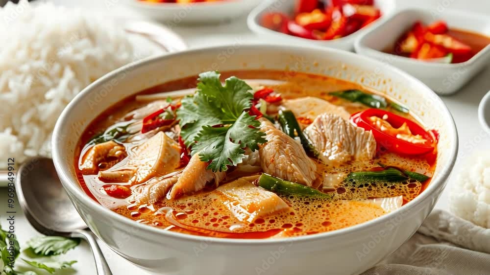 A vibrant bowl of chicken soup with rice and fresh herbs, showcasing a cozy, culinary experience filled with aromatic spices A vibrant bowl of chicken soup with rice and fresh herbs, showcasing a cozy, culinary experience filled with aromatic spices