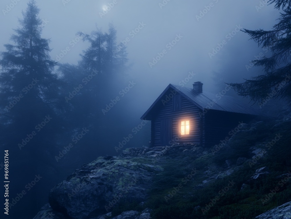 A Cabin Illuminated in a Misty Forest at Night A Cabin Illuminated in a Misty Forest at Night
