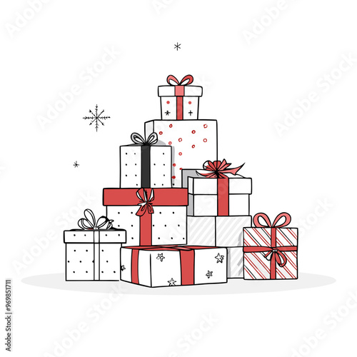 Stack of beautifully wrapped gifts with festive bows on a white background for holiday celebrations