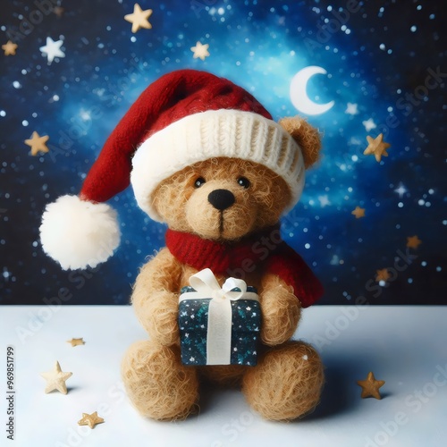 teddy bear with christmas present against the backdrop of snow and starry sky, 3d rendering