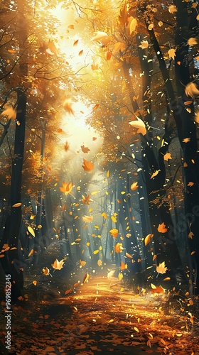 Golden leaves falling in a serene forest